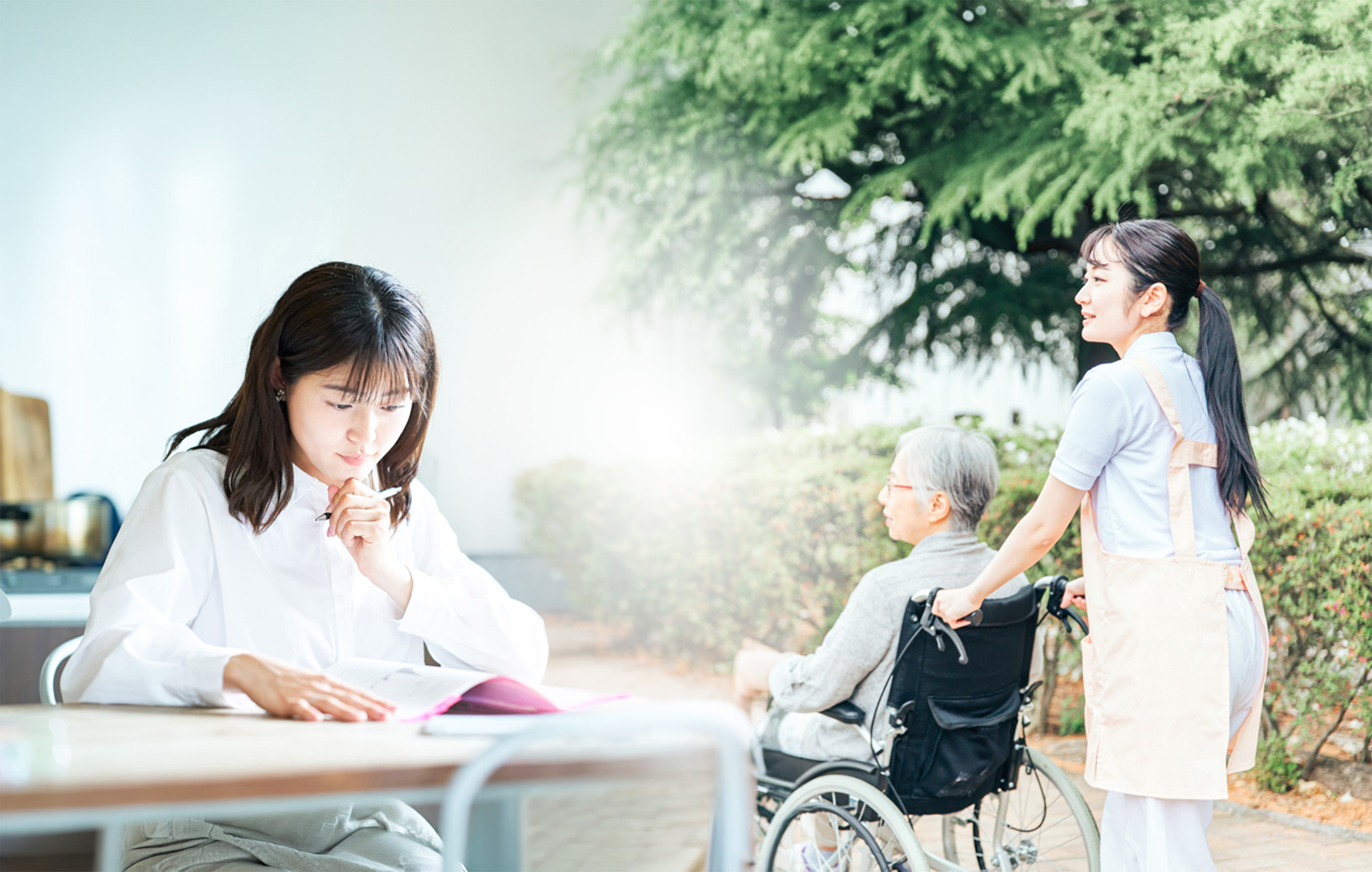 勉強する様子・介護する様子